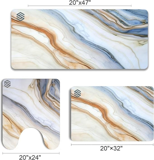 Marble Bathroom Rugs, 3PCS Modern Bath Mat Set in Grey & Gold Marble, Non-Slip & Super Absorbent Bathroom Mat with Toilet Rug for Shower & Bathtub, Holiday Essential and Festive Gift