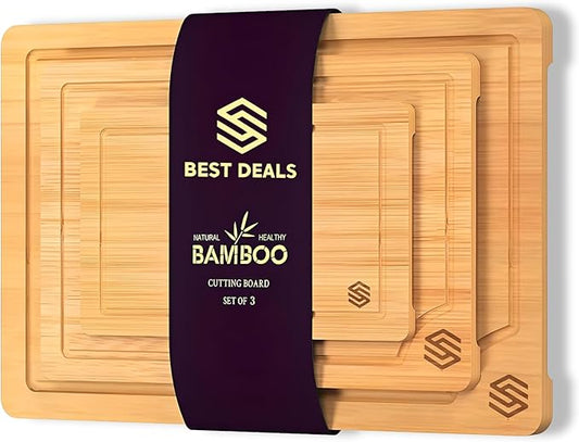 3-Piece Bamboo Cutting Board Set - Heavy Duty Butcher Block with Deep Juice Grooves | Non-Toxic Wood Chopping Boards for Meat, Veggies & Charcuterie | Holiday Kitchen Gift for Xmas