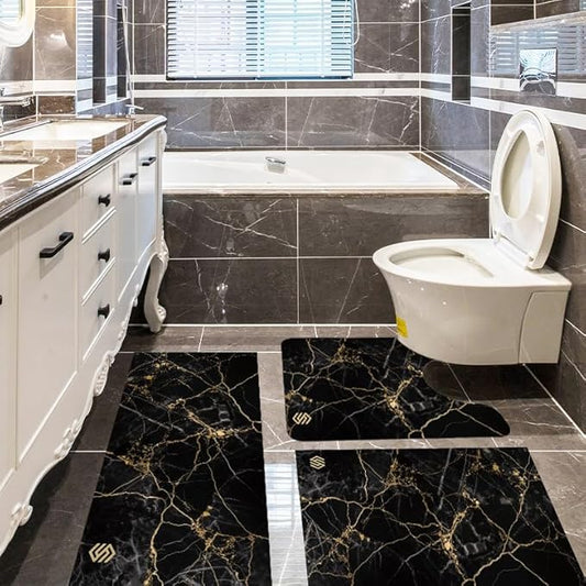 Marble Bathroom Rugs, 3PCS Modern Bath Mat Set, Black Gold Marble, Non-Slip Super Absorbent Bathroom Mat with Toilet Rug for Shower & Bathtub, Xmas & New Year Gift Ready