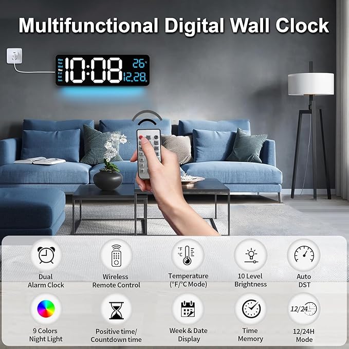Large LED Digital Wall Clock 16.5” with Auto Brightness, RGB Backlight, Dual Alarm, Temp & Humidity Display, Remote Controlled for Living Room, Kitchen, Gym, Xmas & New Year Gift Idea