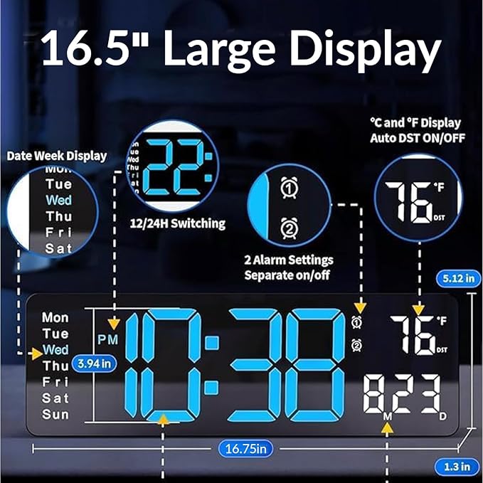 Large LED Digital Wall Clock 16.5” with Auto Brightness, RGB Backlight, Dual Alarm, Temp & Humidity Display, Remote Controlled for Living Room, Kitchen, Gym, Xmas & New Year Gift Idea
