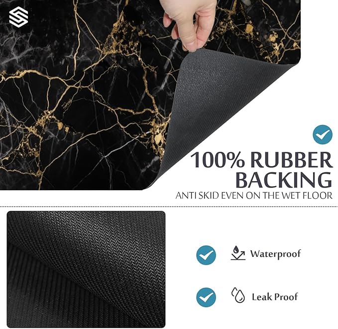 Marble Bathroom Rugs, 3PCS Modern Bath Mat Set, Black Gold Marble, Non-Slip Super Absorbent Bathroom Mat with Toilet Rug for Shower & Bathtub, Xmas & New Year Gift Ready
