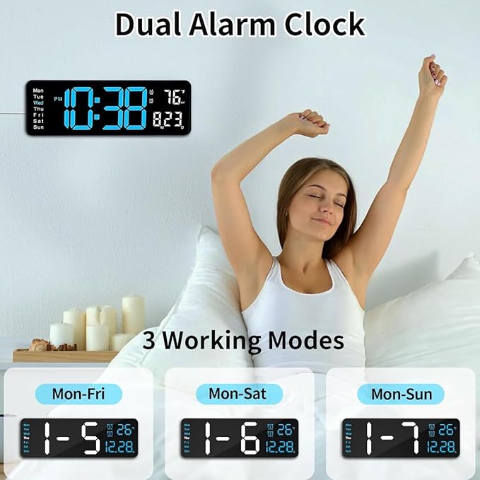 Large LED Digital Wall Clock 16.5” with Auto Brightness, RGB Backlight, Dual Alarm, Temp & Humidity Display, Remote Controlled for Living Room, Kitchen, Gym, Xmas & New Year Gift Idea