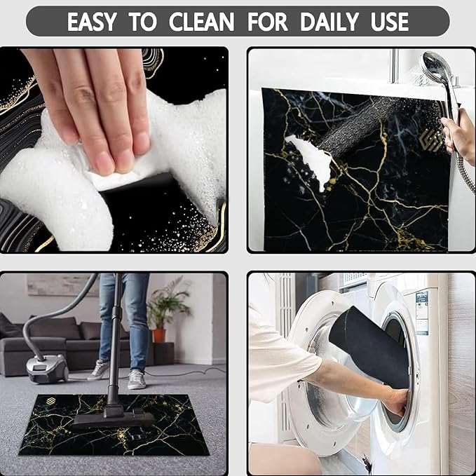 Marble Bathroom Rugs, 3PCS Modern Bath Mat Set, Black Gold Marble, Non-Slip Super Absorbent Bathroom Mat with Toilet Rug for Shower & Bathtub, Xmas & New Year Gift Ready