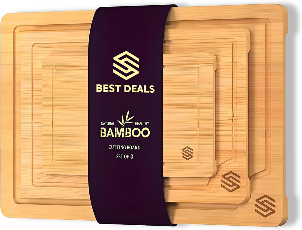 3-Piece Bamboo Cutting Board Set – Heavy Duty Butcher Block with Deep Juice Grooves | Large, Medium & Small Wood Chopping Boards for Meat, Veggies, Charcuterie – Non-Toxic & Eco-Friendly Kitchen Gift Set