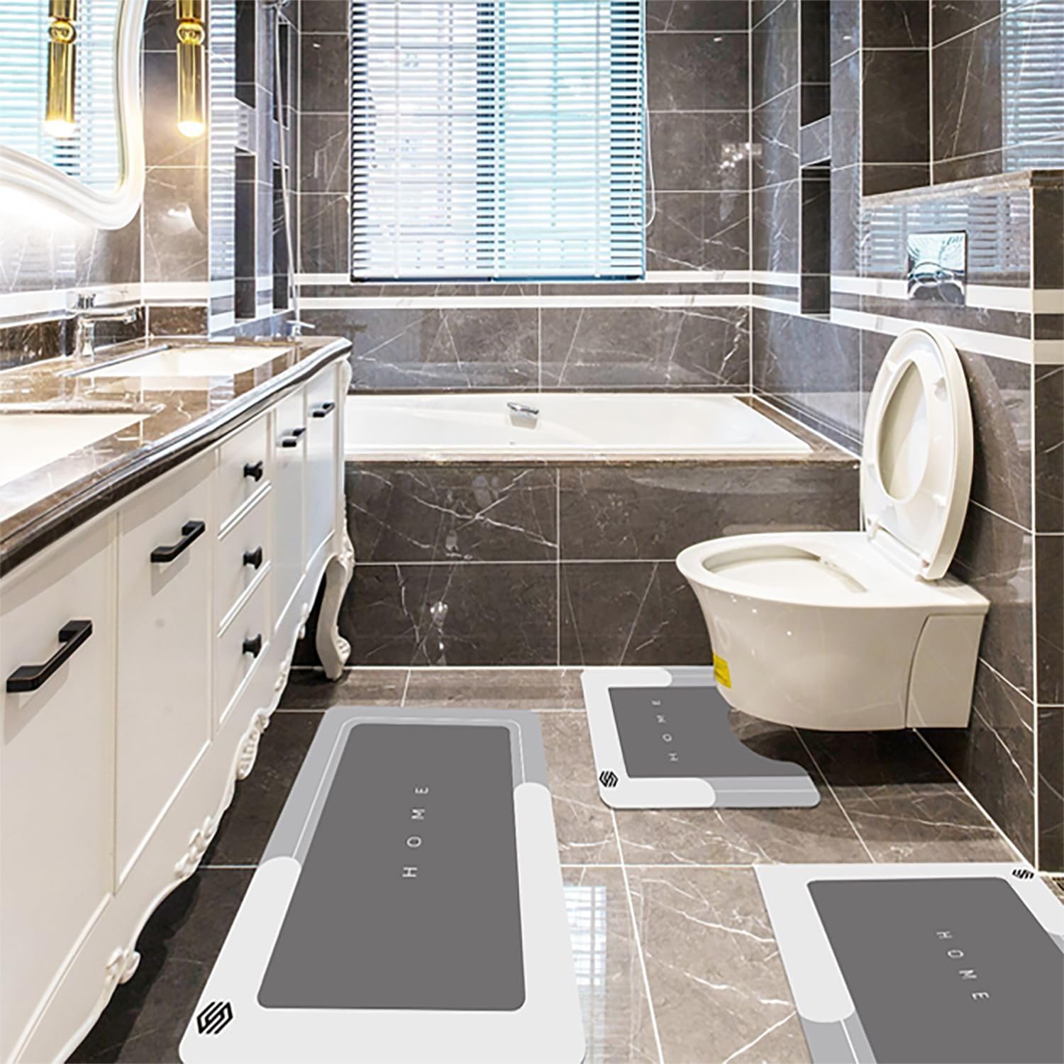 PCS Absorbent Bath Mat Magic Rug Set – 3-Piece Non-Slip Bathroom Mats, Quick Dry, Machine Washable (Dark Gray / Light Gray)
