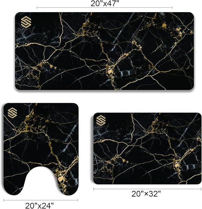 Black gold marble bathroom rug set size chart showing 20x47 inch runner, 20x32 inch bath mat, and 20x24 inch U-shaped toilet rug