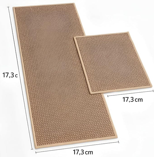 Close-up of brown kitchen mat showing cushioned thickness, super absorbent surface, and non-slip rubber backing texture