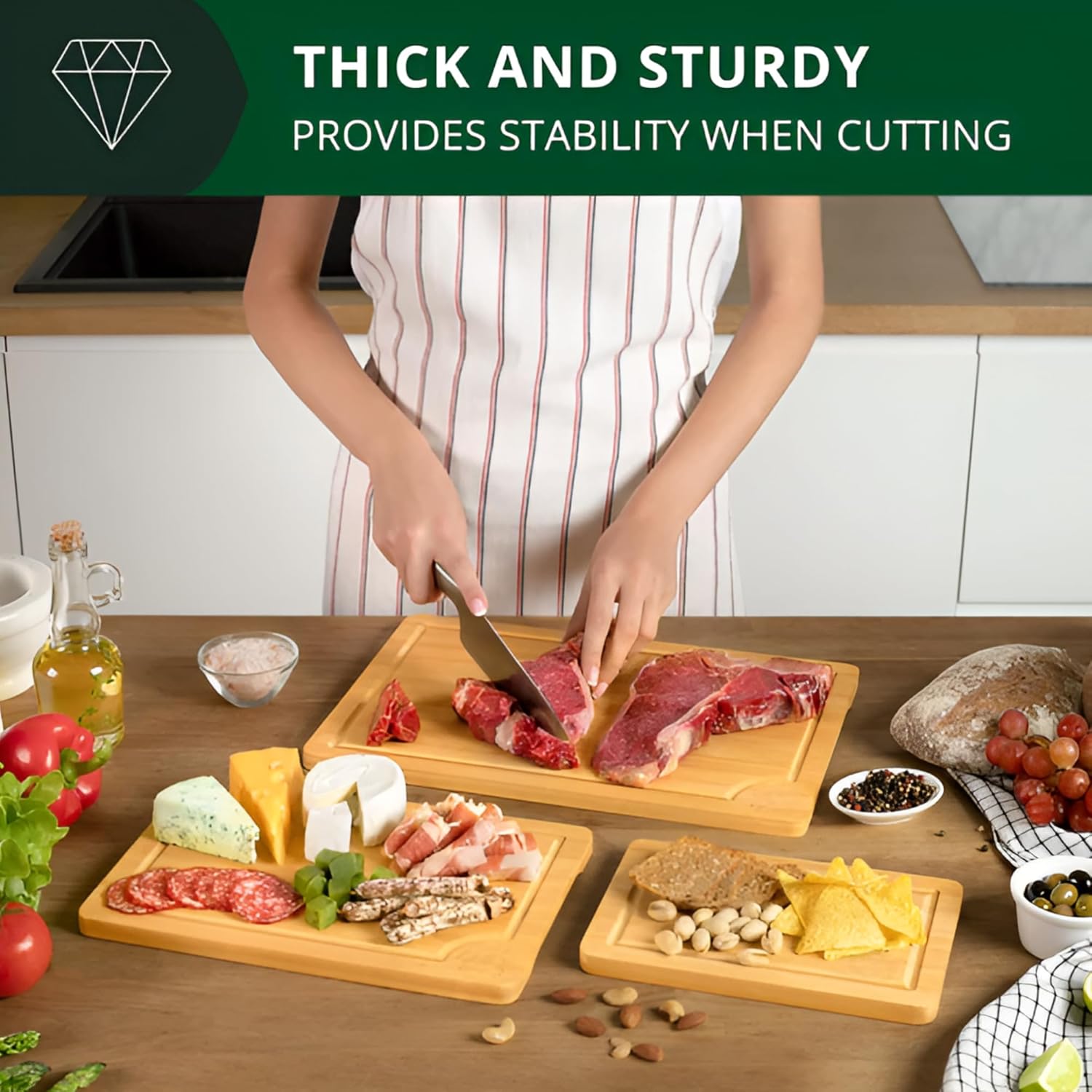 3-Piece Bamboo Cutting Board Set – Heavy Duty Butcher Block with Deep Juice Grooves | Large, Medium & Small Wood Chopping Boards for Meat, Veggies, Charcuterie – Non-Toxic & Eco-Friendly Kitchen Gift Set