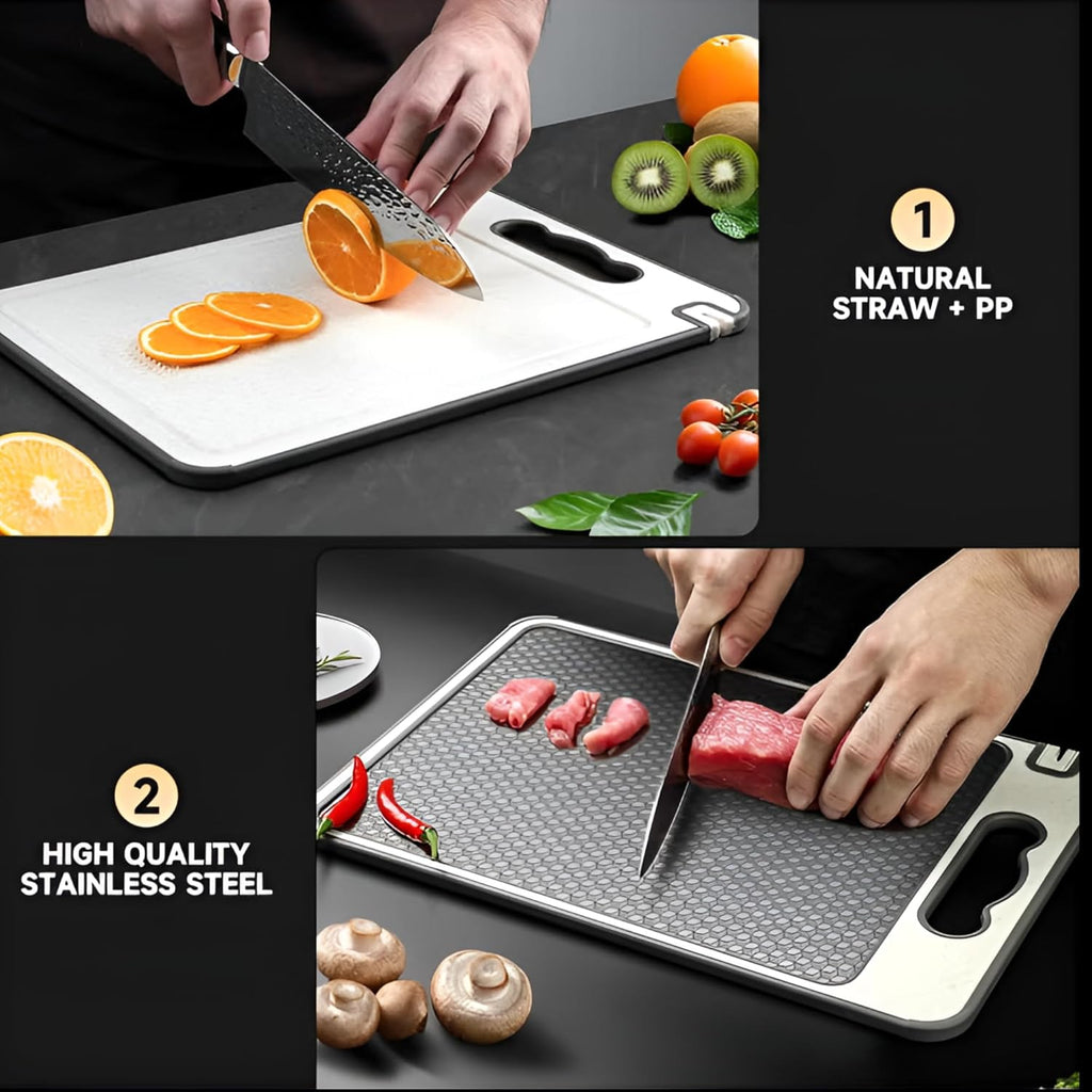 SS BEST DEALS Stainless Steel Cutting Board Double Sided – 304 Food-Grade 14.5"x9.7" Chopping Board with Juice Groove, Non-Slip Silicone Wrap, Scratch-Resistant Mesh – for Meat, Vegetables, Dishwasher Safe