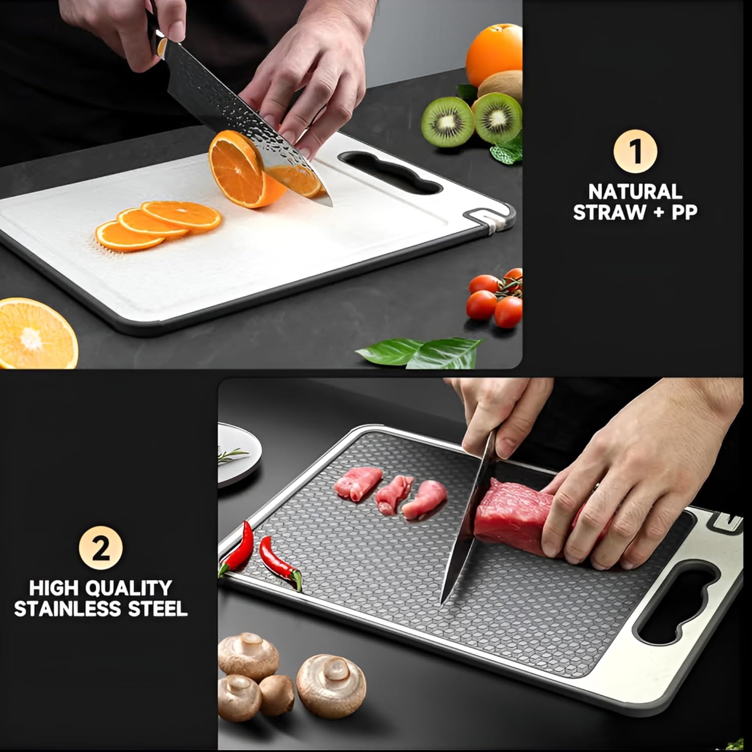SS BEST DEALS Stainless Steel Cutting Board Double Sided – 304 Food-Grade 14.5"x9.7" Chopping Board with Juice Groove, Non-Slip Silicone Wrap, Scratch-Resistant Mesh – for Meat, Vegetables, Dishwasher Safe