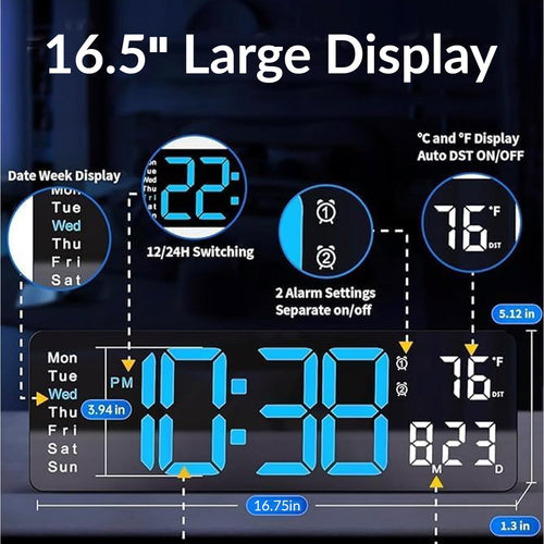 16.5" Large LED Digital Wall Clock with RGB Backlight & Auto Brightness