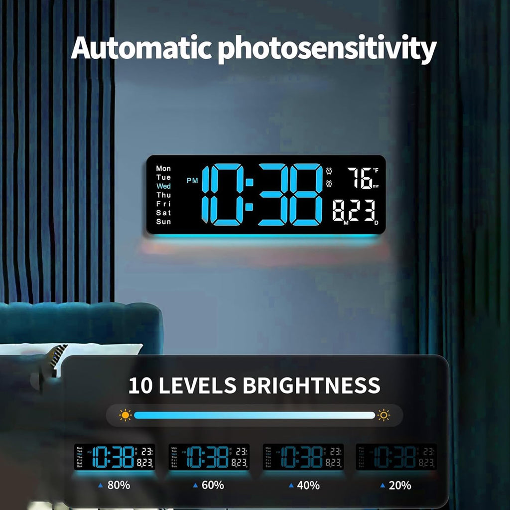 16.5" Large LED Digital Wall Clock with RGB Backlight & Auto Brightness