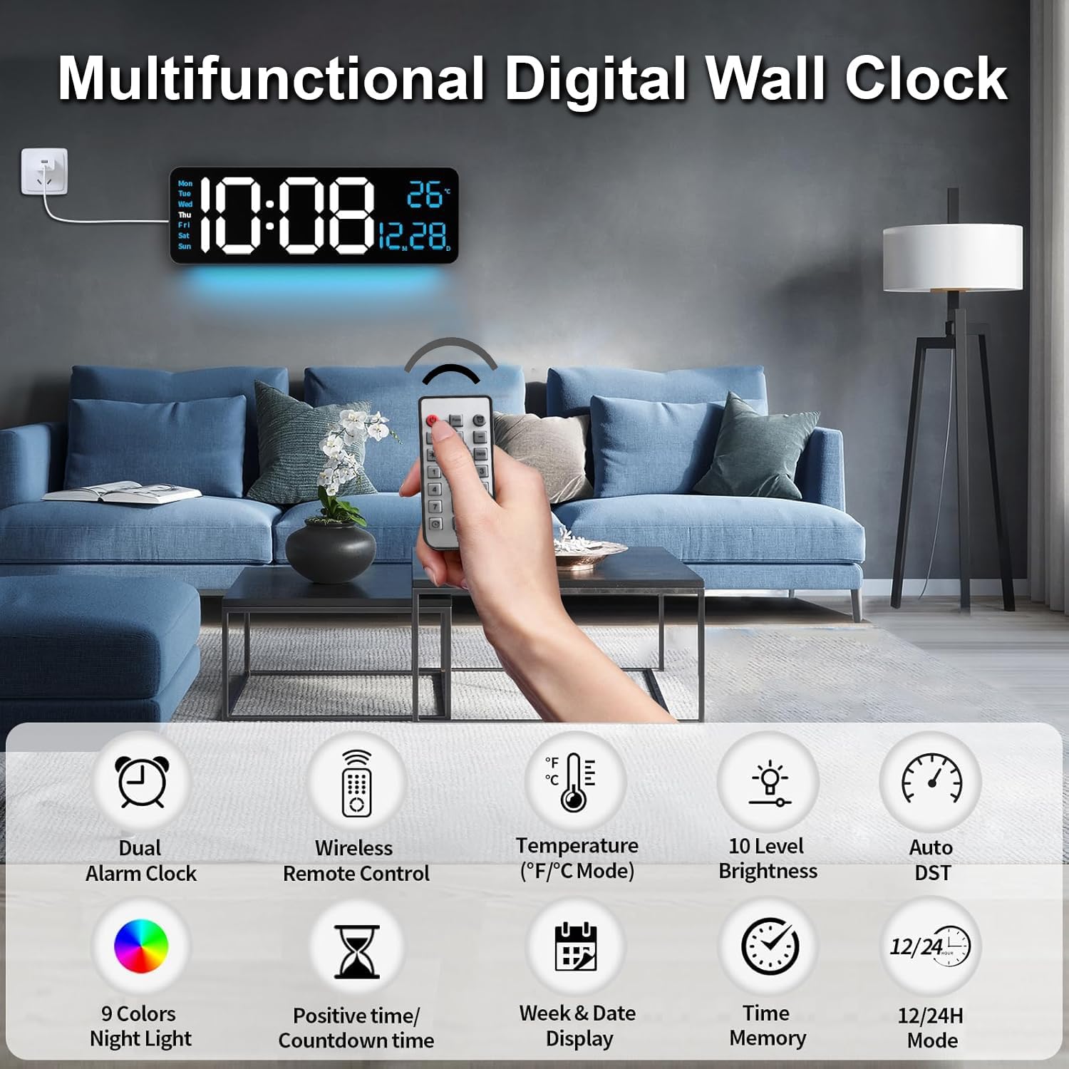 16.5" Large LED Digital Wall Clock with RGB Backlight & Auto Brightness