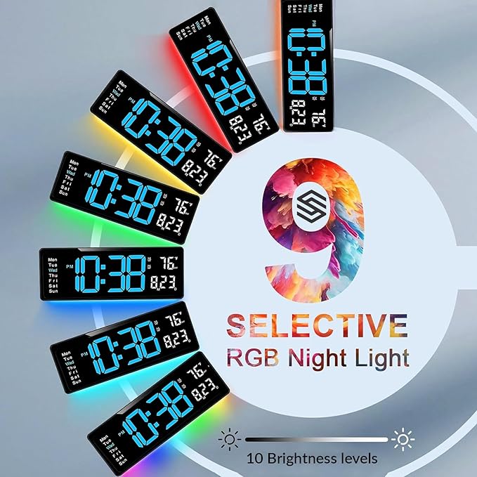 Large LED wall clock displaying time temperature and humidity with colorful RGB backlight in modern living room setting, remote control operation, dual alarm clock feature visible