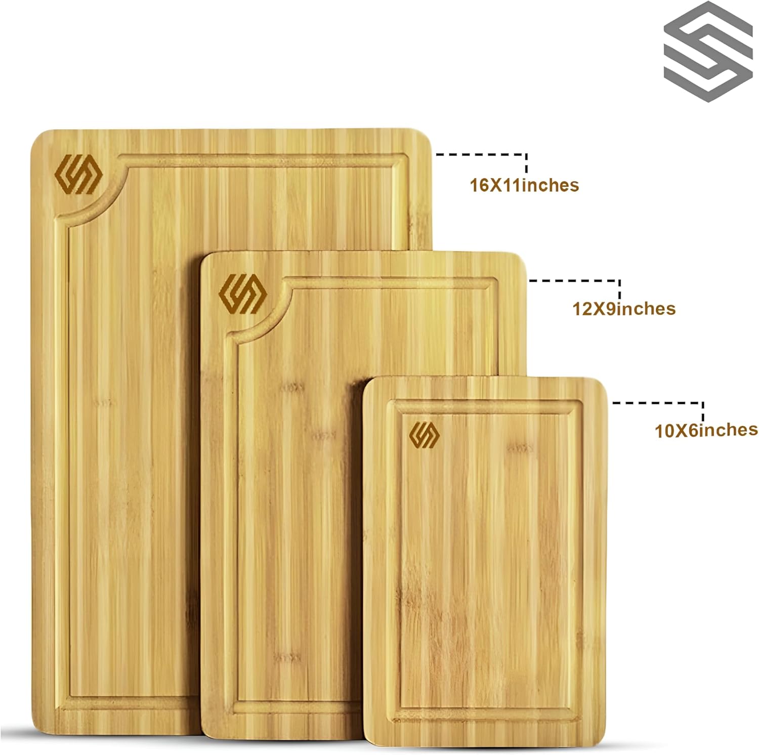 3-Piece Bamboo Cutting Board Set – Heavy Duty Butcher Block with Deep Juice Grooves | Large, Medium & Small Wood Chopping Boards for Meat, Veggies, Charcuterie – Non-Toxic & Eco-Friendly Kitchen Gift Set